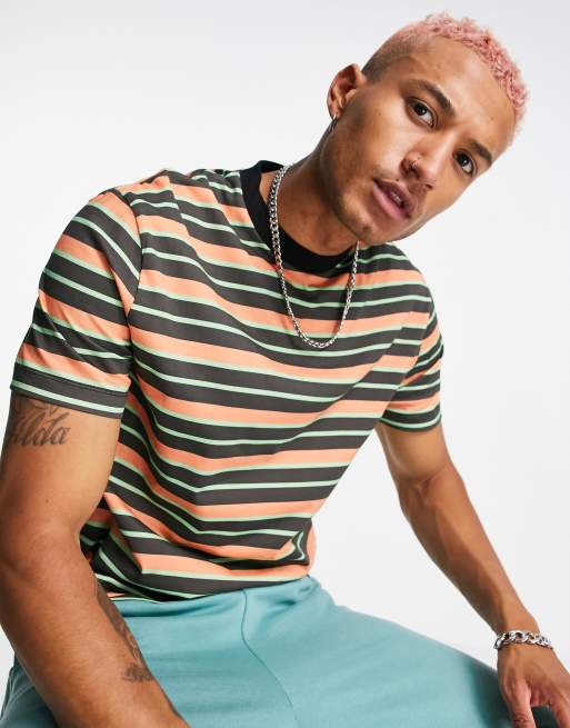 ASOS DESIGN – Svart- och orangerandig t-shirt av bomull med avslappnad passform - BLACK