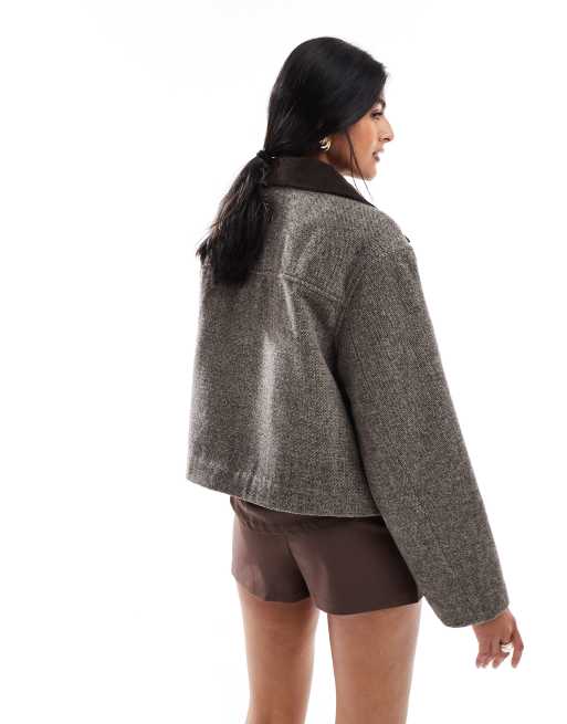 ASOS DESIGN – Svart och spräcklig jacka i yllemix med krage, 4 av 4