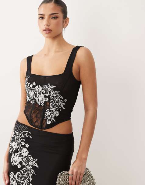 ASOS DESIGN – Svart och vit korsettopp i broderad mesh, del av set - view 1