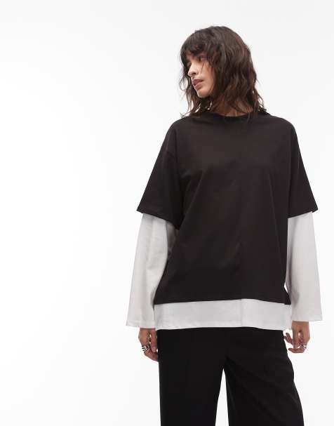 ASOS DESIGN – Svart och vit t-shirt i oversize med flera lager och långa ärmar - view 1