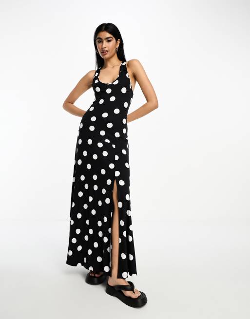 ASOS DESIGN – Svart och vitprickig midiklänning med djup, snurrad rygg , 4 av 4