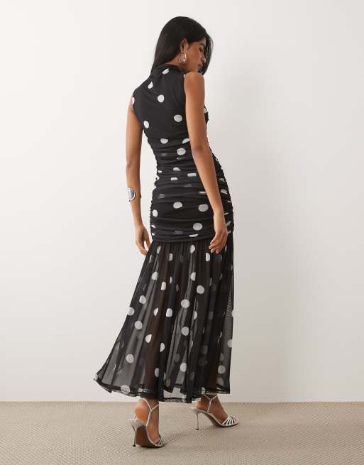 ASOS DESIGN – Svart- och vitprickig, rund klänning med rynkning, låg midja och hög krage, 4 av 4
