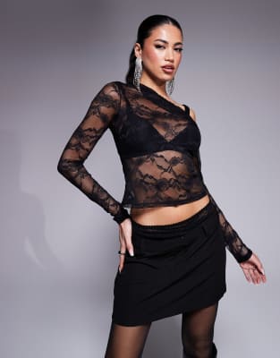 ASOS DESIGN – Svart off shoulder-topp i spets med långa ärmar - view 1