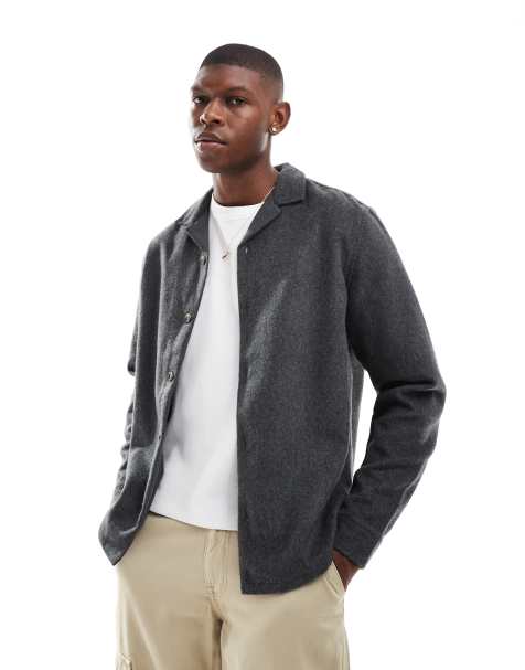 ASOS DESIGN – Svart overshirt i yllestil med platt krage - view 1