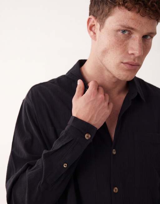 ASOS DESIGN – Svart, oversized skjorta med krinklad textur och platt krage, 3 av 5