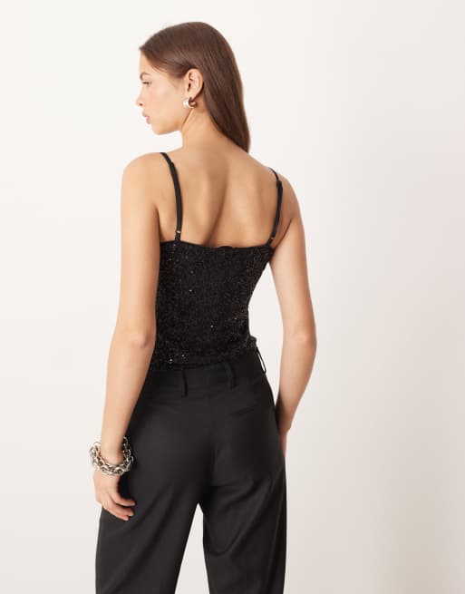 ASOS DESIGN – Svart, paljettutsmyckat linne med axelband, 4 av 4
