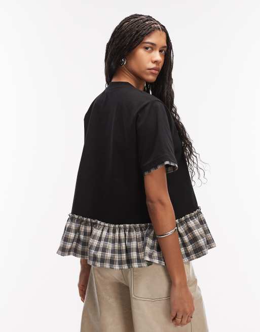 ASOS DESIGN – Svart peplum-topp i två lager med kontrastfärgad, ginghamrutig fåll, 2 av 4