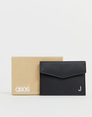 ASOS DESIGN – Svart personlig korthållare i läder med J-initial