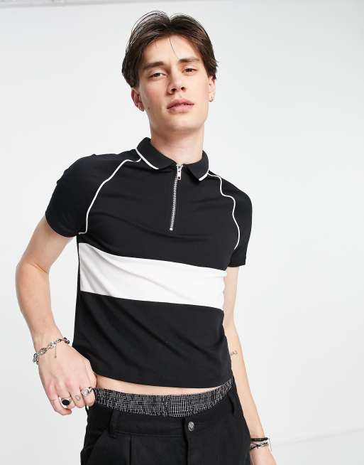 ASOS DESIGN – Svart pikétröja i krympt stil med smal passform, kontrastfärgad panel och halvlång dragkedja 