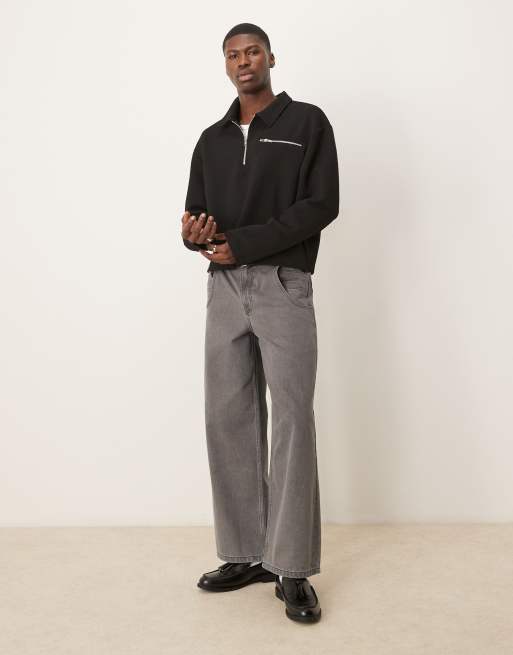 ASOS DESIGN – Svart pikétröja i oversize med sänkt axelsöm, boxig passform och blixtlåsficka, 2 av 4