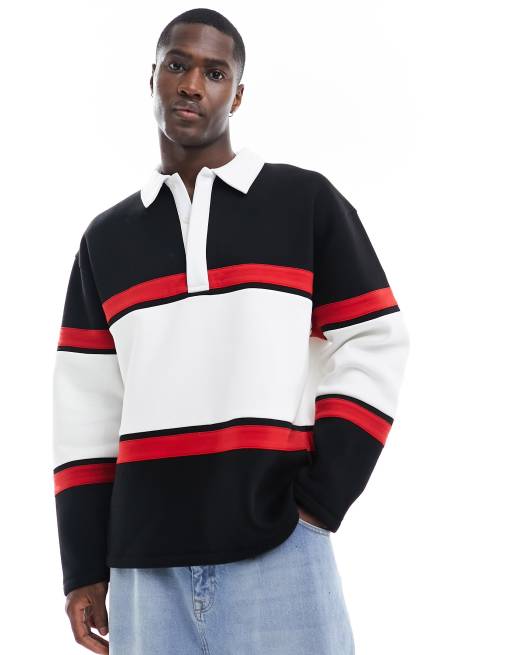 ASOS DESIGN – Svart pikétröja i oversize och sweatshirttyg med detaljränder, 3 av 4