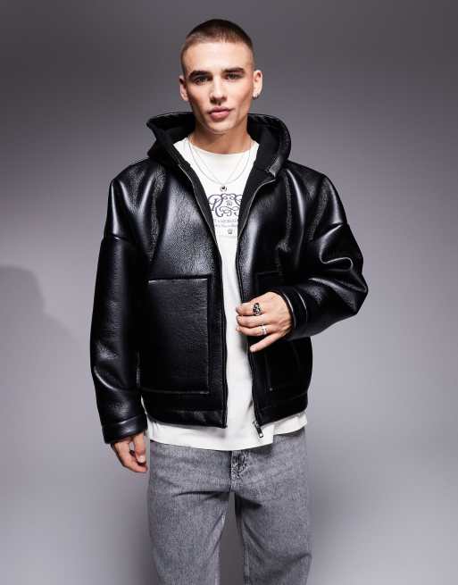 ASOS DESIGN – Svart pilotjacka i extra oversize och boxig passform av läderimitation med huva och teddyfoder, 4 av 4