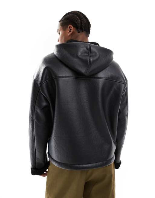 ASOS DESIGN – Svart pilotjacka i läderimitation med huva och teddyfoder, 4 av 4