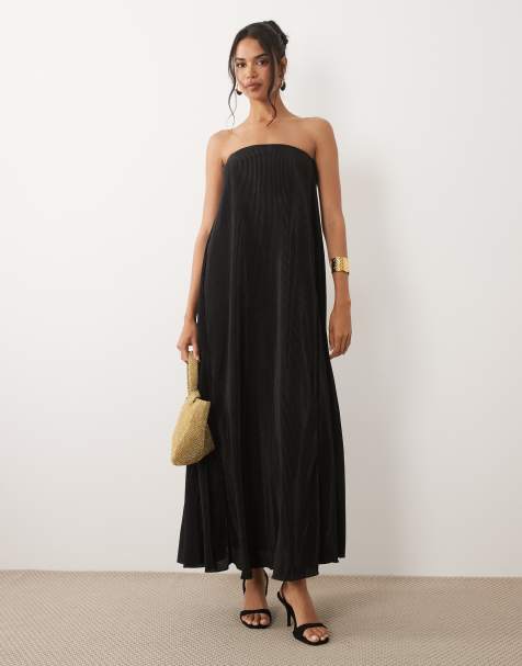 ASOS DESIGN – Svart, plisserad midiklänning med bandeau-ringning - view 1