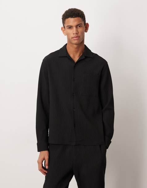 ASOS DESIGN – Svart, plisserad skjorta med bowlingkrage och avslappnad passform, del av set - view 1
