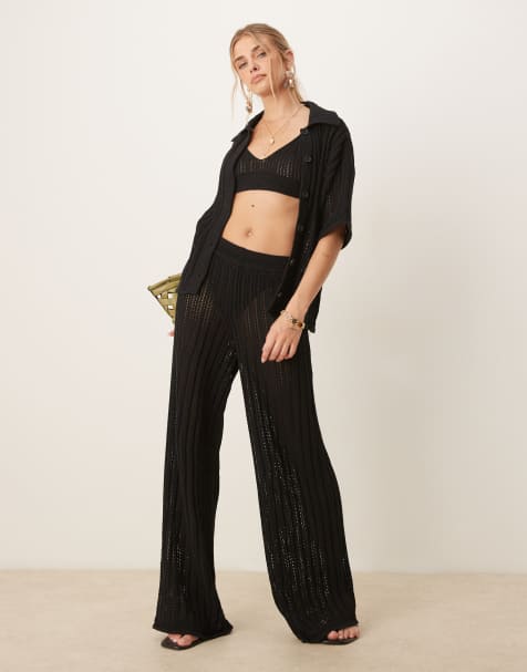 ASOS DESIGN – Svart, pointellestickat set med skjorta, bralette och palazzo-byxor - view 1