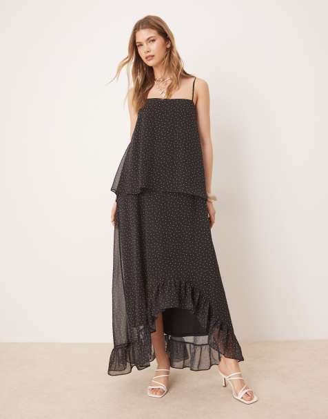 ASOS DESIGN – Svart, prickig maxiklänning i chiffong med smala axelband och volangfåll - view 1