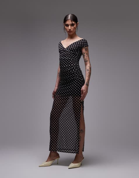 ASOS DESIGN – Svart, prickig maxiklänning i mesh med omlottdesign - view 1