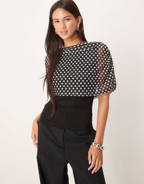 ASOS DESIGN – Svart, prickig topp i mesh med capedetalj - view 1