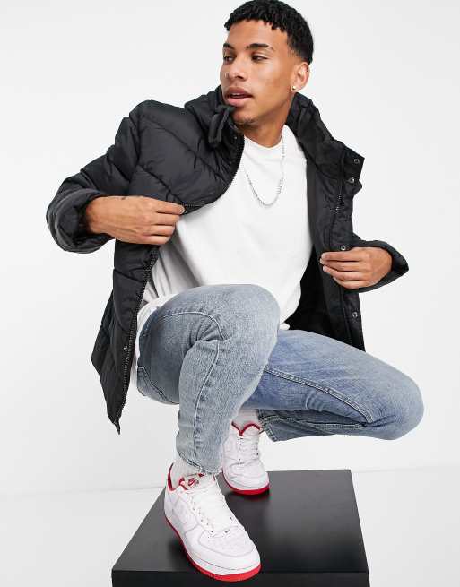 ASOS DESIGN – Svart pufferjacka med avtagbar huva