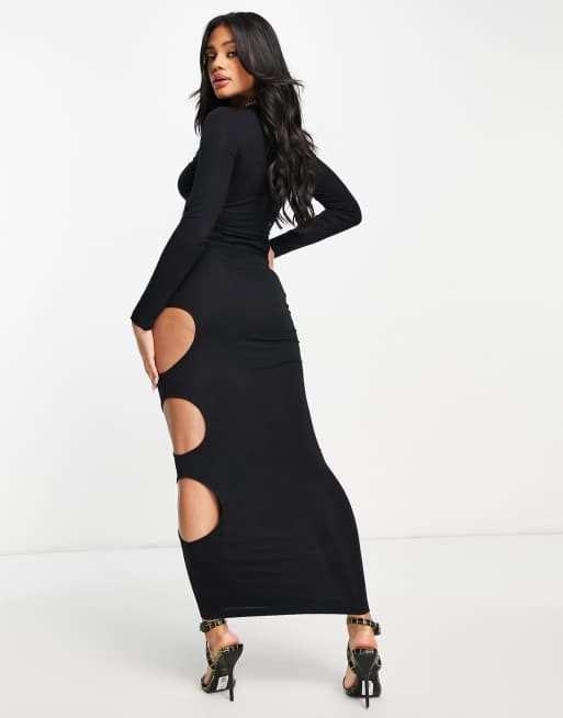 ASOS DESIGN – Svart, rak maxiklänning med långa ärmar och utskurna detaljer, 4 av 4