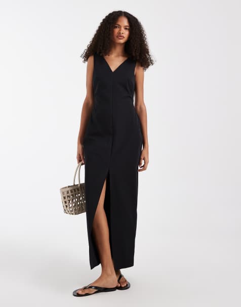 ASOS DESIGN – Svart, rak midiklänning med v-ringning och dubbla slitsar - view 1