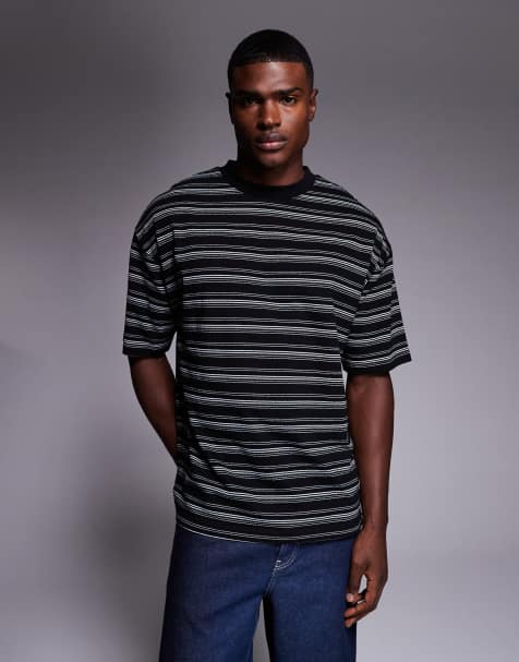 ASOS DESIGN – Svart, randig, kraftig t-shirt i oversize med boxig passform och textur - view 1