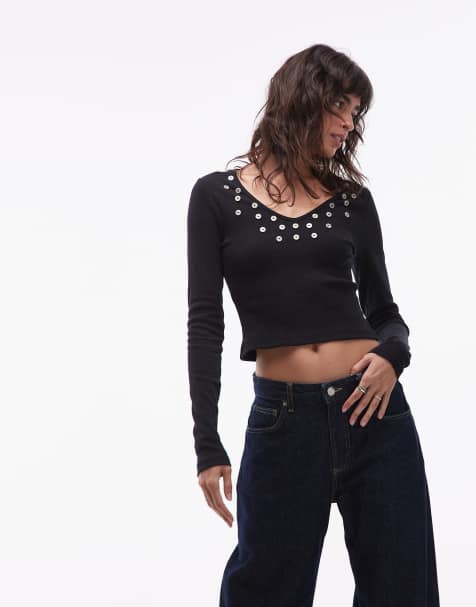 ASOS DESIGN – Svart, ribbad, borstad topp med långa ärmar, knäppning och djup halsringning - view 1