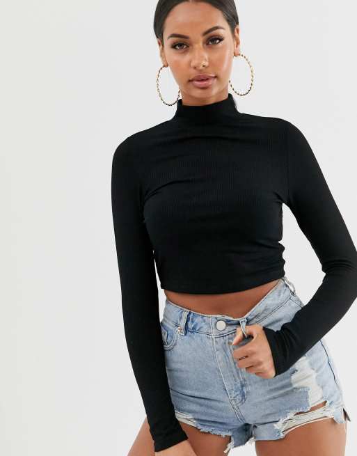 ASOS DESIGN – Svart, ribbad crop top med halvpolokrage och lång ärm