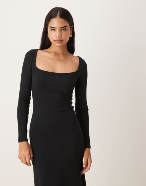 ASOS DESIGN – Svart, ribbad maxiklänning med fyrkantig halsringning, 2 av 4