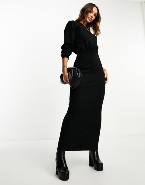 ASOS DESIGN – Svart, ribbad maxiklänning med rund halsringning och blusärmar - view 1