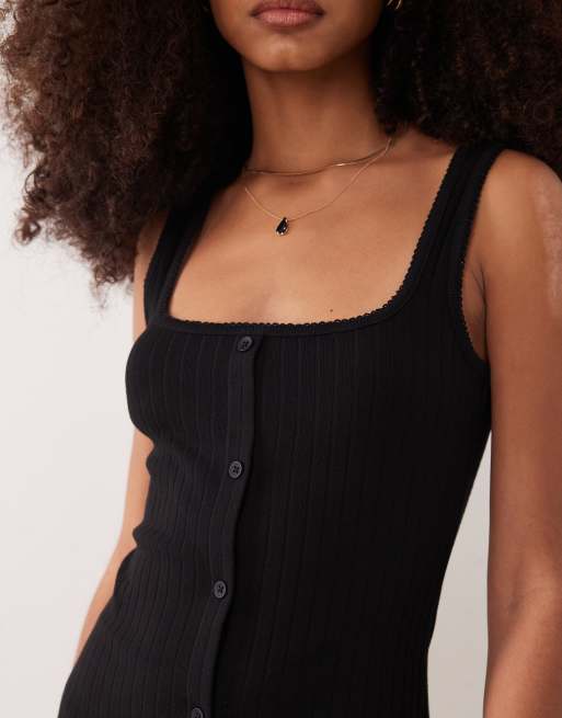 ASOS DESIGN – Svart, ribbad midiklänning med knäppning och picotkant, 4 av 4