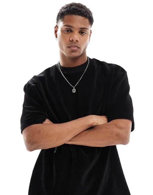 ASOS DESIGN – Svart, ribbad, oversize t-shirt i velour, del av set