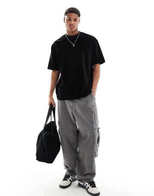 ASOS DESIGN – Svart, ribbad, oversize t-shirt i velour, del av set, 3 av 4