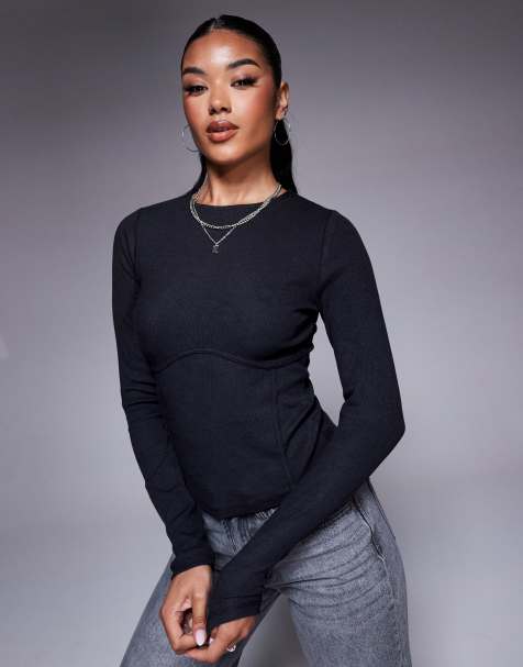 ASOS DESIGN – Svart, ribbad topp med långa ärmar och dekorativ söm under byst - view 1