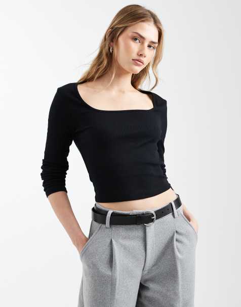 ASOS DESIGN – Svart, ribbad topp med långa ärmar och fyrkantig halsringning - view 1