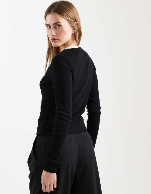 ASOS DESIGN – Svart, ribbad topp med rund halsringning och knäppning i bomull, 3 av 4
