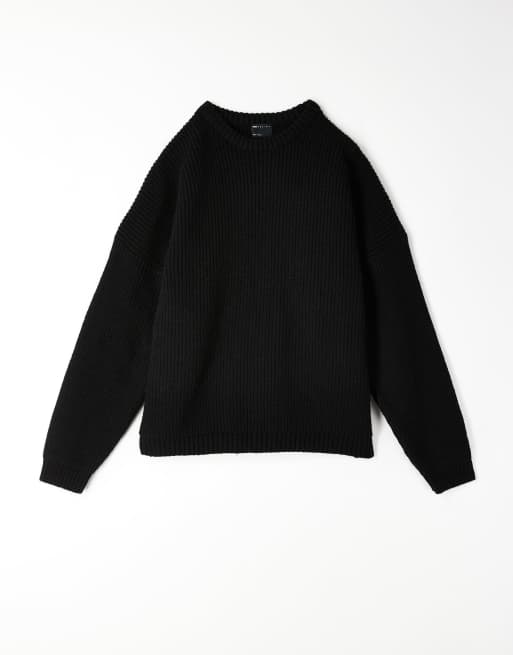 ASOS DESIGN – Svart, ribbstickad fiskartröja i oversize med boxig passform