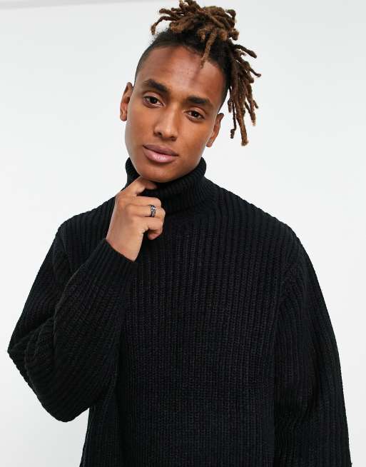 ASOS DESIGN – Svart ribbstickad fiskartröja i oversize med polokrage, 3 av 4