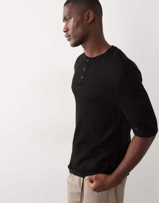 ASOS DESIGN – Svart, ribbstickad henley-tröja med avslappnad passform, del av set, 4 av 5