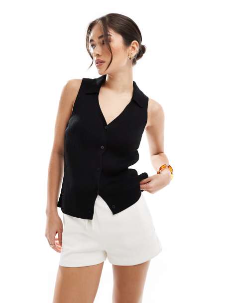 ASOS DESIGN – Svart, ribbstickad topp med krage - view 1