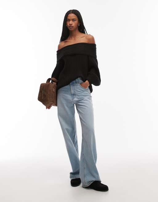 ASOS DESIGN – Svart, ribbstickad tröja i oversize med bara axlar och ballongärmar, 3 av 4