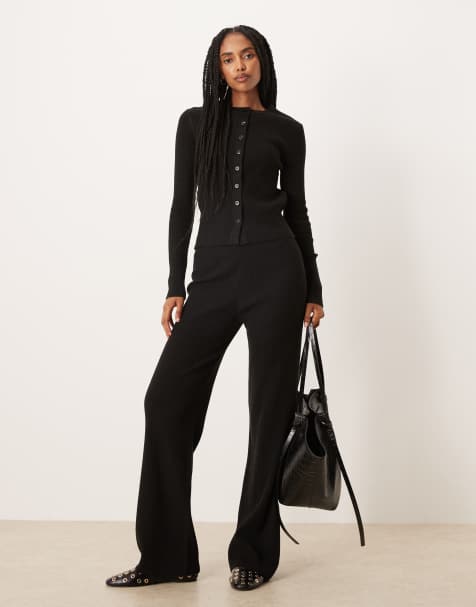 ASOS DESIGN – Svart ribbstickat set med kofta och byxor - view 1