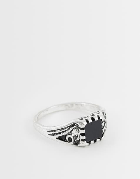ASOS DESIGN svart ring med sten och spårdetalj i oxiderat silver - view 1