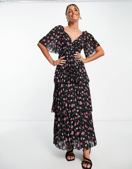 ASOS DESIGN – Svart, rosablommig midiklänning med panelsydd kjol och plissering