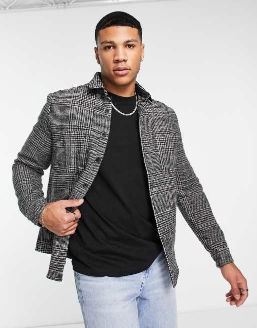 ASOS DESIGN – Svart, rutig overshirt i yllemix