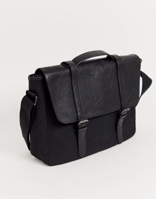 ASOS DESIGN – Svart satchel-väska i tyg och läderimitation med dubbla axelband