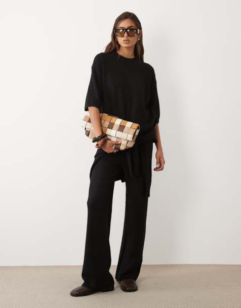 ASOS DESIGN – Svart set i yllemix med t-shirt med rund halsringning och vida byxor - view 1