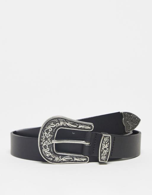 ASOS DESIGN – Svart skärp i cowboystil av läder med silverfärgat spänne 
