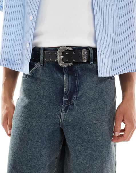 ASOS DESIGN – Svart skärp i läderimitaiton med cowboystil, nitar och blommor - view 1